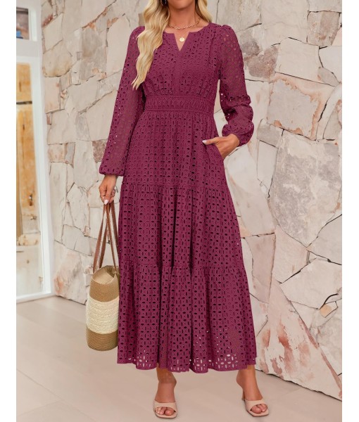 ZESICA Women's 2025 Fall Long Sleeve Maxi Dress V Neck Hollow Out Eyelet A Line Long Flowy Casual Party Dresses