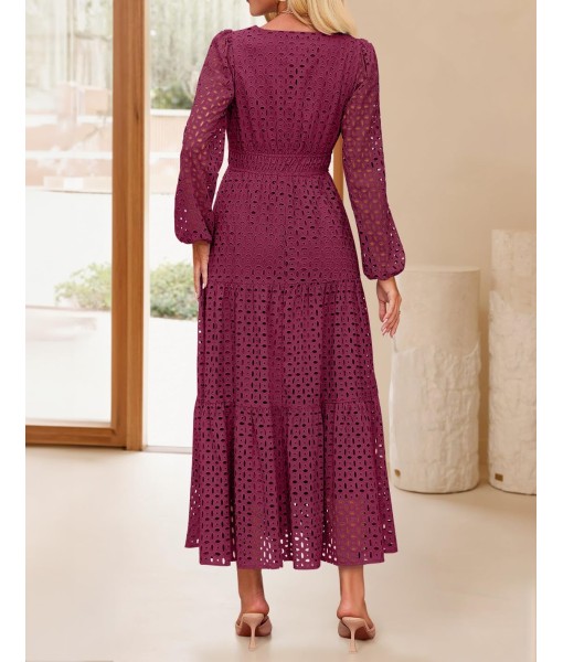 ZESICA Women's 2025 Fall Long Sleeve Maxi Dress V Neck Hollow Out Eyelet A Line Long Flowy Casual Party Dresses