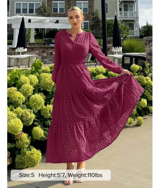 ZESICA Women's 2025 Fall Long Sleeve Maxi Dress V Neck Hollow Out Eyelet A Line Long Flowy Casual Party Dresses