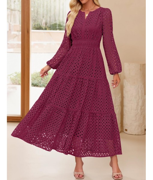 ZESICA Women's 2025 Fall Long Sleeve Maxi Dress V Neck Hollow Out Eyelet A Line Long Flowy Casual Party Dresses