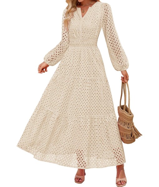ZESICA Women's 2025 Fall Long Sleeve Maxi Dress V Neck Hollow Out Eyelet A Line Long Flowy Casual Party Dresses