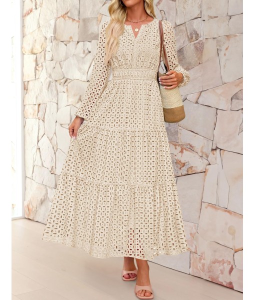 ZESICA Women's 2025 Fall Long Sleeve Maxi Dress V Neck Hollow Out Eyelet A Line Long Flowy Casual Party Dresses