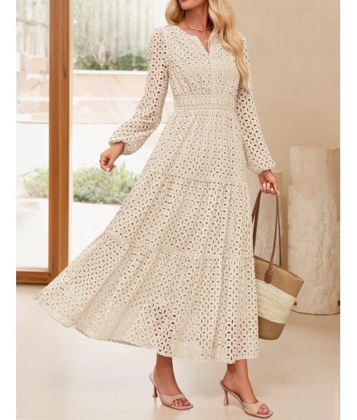 ZESICA Women's 2025 Fall Long Sleeve Maxi Dress V Neck Hollow Out Eyelet A Line Long Flowy Casual Party Dresses