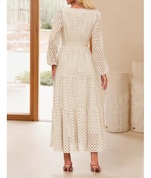 ZESICA Women's 2025 Fall Long Sleeve Maxi Dress V Neck Hollow Out Eyelet A Line Long Flowy Casual Party Dresses