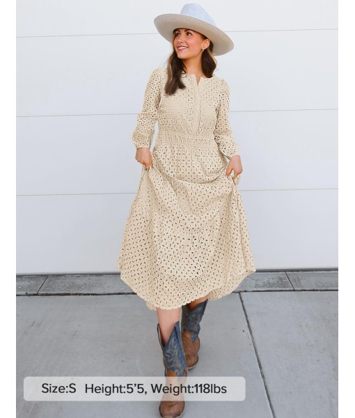 ZESICA Women's 2025 Fall Long Sleeve Maxi Dress V Neck Hollow Out Eyelet A Line Long Flowy Casual Party Dresses