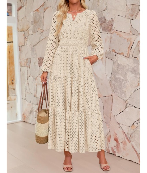 ZESICA Women's 2025 Fall Long Sleeve Maxi Dress V Neck Hollow Out Eyelet A Line Long Flowy Casual Party Dresses
