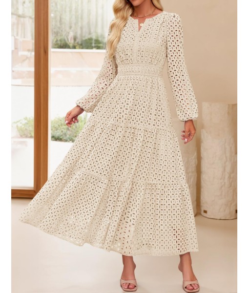 ZESICA Women's 2025 Fall Long Sleeve Maxi Dress V Neck Hollow Out Eyelet A Line Long Flowy Casual Party Dresses