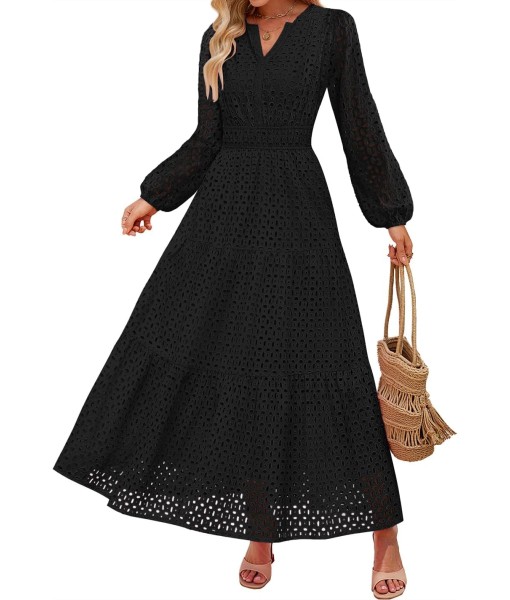ZESICA Women's 2025 Fall Long Sleeve Maxi Dress V Neck Hollow Out Eyelet A Line Long Flowy Casual Party Dresses