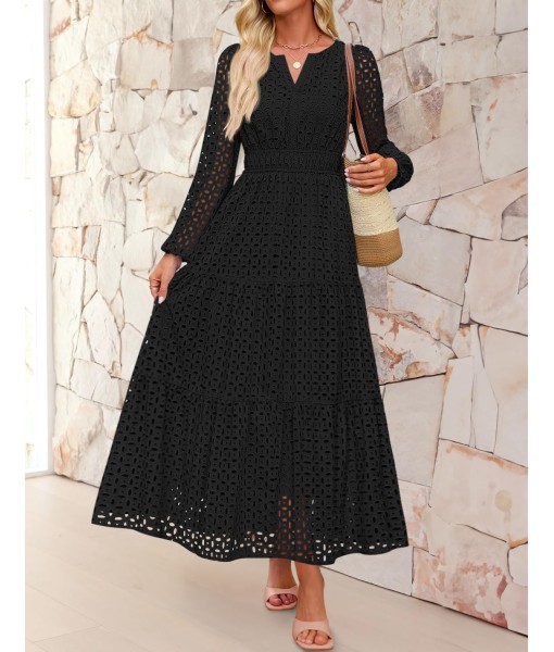 ZESICA Women's 2025 Fall Long Sleeve Maxi Dress V Neck Hollow Out Eyelet A Line Long Flowy Casual Party Dresses