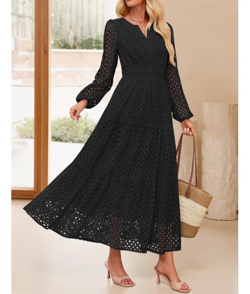 ZESICA Women's 2025 Fall Long Sleeve Maxi Dress V Neck Hollow Out Eyelet A Line Long Flowy Casual Party Dresses