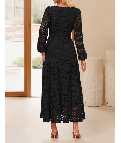 ZESICA Women's 2025 Fall Long Sleeve Maxi Dress V Neck Hollow Out Eyelet A Line Long Flowy Casual Party Dresses