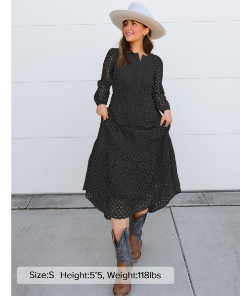 ZESICA Women's 2025 Fall Long Sleeve Maxi Dress V Neck Hollow Out Eyelet A Line Long Flowy Casual Party Dresses