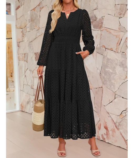 ZESICA Women's 2025 Fall Long Sleeve Maxi Dress V Neck Hollow Out Eyelet A Line Long Flowy Casual Party Dresses
