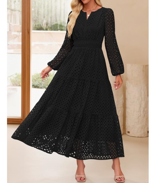 ZESICA Women's 2025 Fall Long Sleeve Maxi Dress V Neck Hollow Out Eyelet A Line Long Flowy Casual Party Dresses