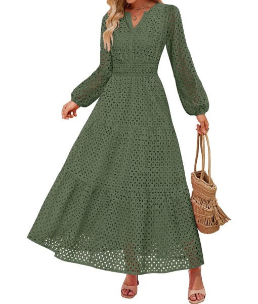 ZESICA Women's 2025 Fall Long Sleeve Maxi Dress V Neck Hollow Out Eyelet A Line Long Flowy Casual Party Dresses