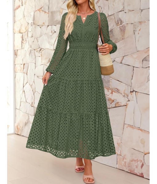 ZESICA Women's 2025 Fall Long Sleeve Maxi Dress V Neck Hollow Out Eyelet A Line Long Flowy Casual Party Dresses