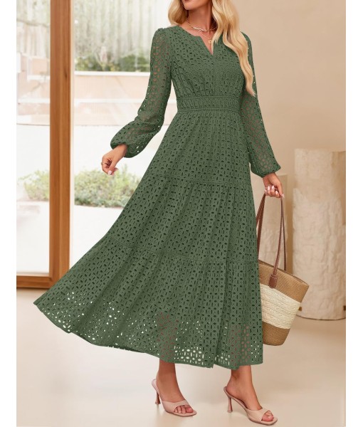 ZESICA Women's 2025 Fall Long Sleeve Maxi Dress V Neck Hollow Out Eyelet A Line Long Flowy Casual Party Dresses
