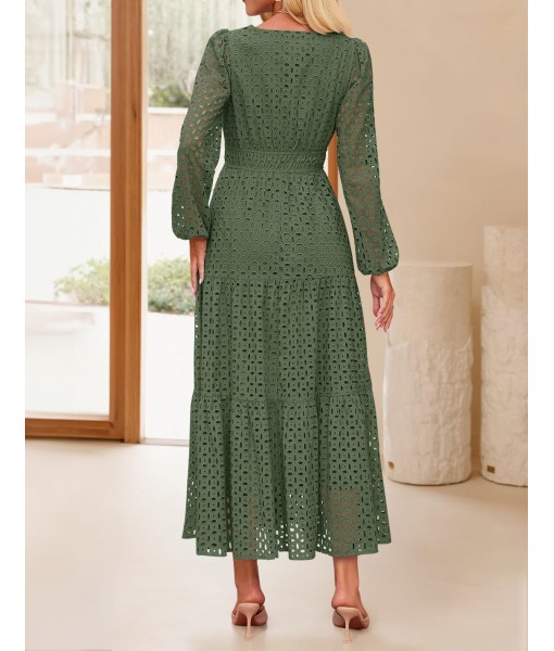 ZESICA Women's 2025 Fall Long Sleeve Maxi Dress V Neck Hollow Out Eyelet A Line Long Flowy Casual Party Dresses