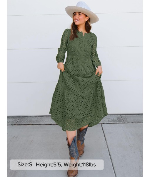ZESICA Women's 2025 Fall Long Sleeve Maxi Dress V Neck Hollow Out Eyelet A Line Long Flowy Casual Party Dresses