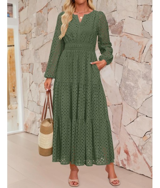 ZESICA Women's 2025 Fall Long Sleeve Maxi Dress V Neck Hollow Out Eyelet A Line Long Flowy Casual Party Dresses