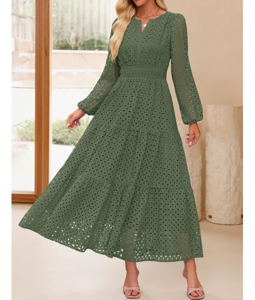 ZESICA Women's 2025 Fall Long Sleeve Maxi Dress V Neck Hollow Out Eyelet A Line Long Flowy Casual Party Dresses