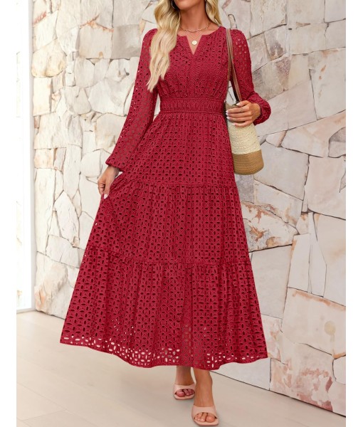 ZESICA Women's 2025 Fall Long Sleeve Maxi Dress V Neck Hollow Out Eyelet A Line Long Flowy Casual Party Dresses