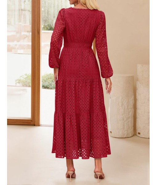 ZESICA Women's 2025 Fall Long Sleeve Maxi Dress V Neck Hollow Out Eyelet A Line Long Flowy Casual Party Dresses