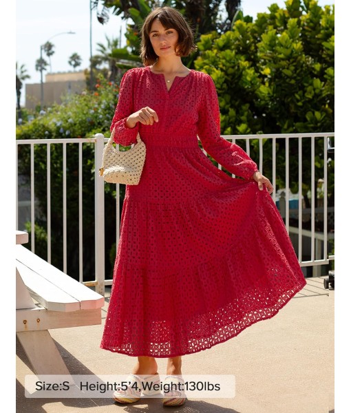 ZESICA Women's 2025 Fall Long Sleeve Maxi Dress V Neck Hollow Out Eyelet A Line Long Flowy Casual Party Dresses