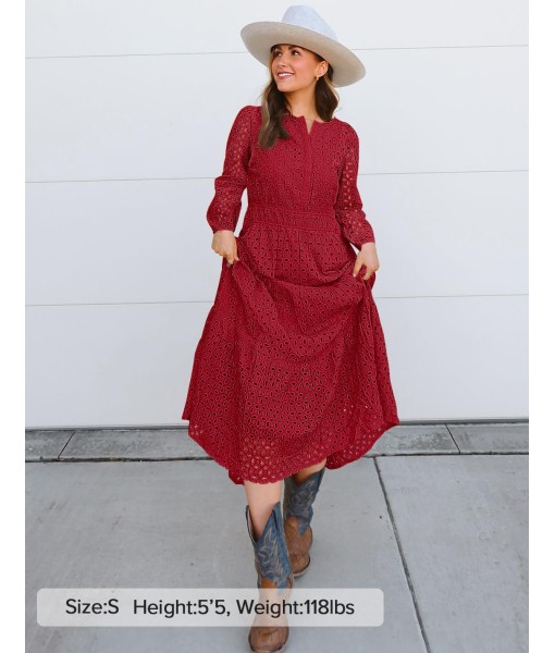 ZESICA Women's 2025 Fall Long Sleeve Maxi Dress V Neck Hollow Out Eyelet A Line Long Flowy Casual Party Dresses