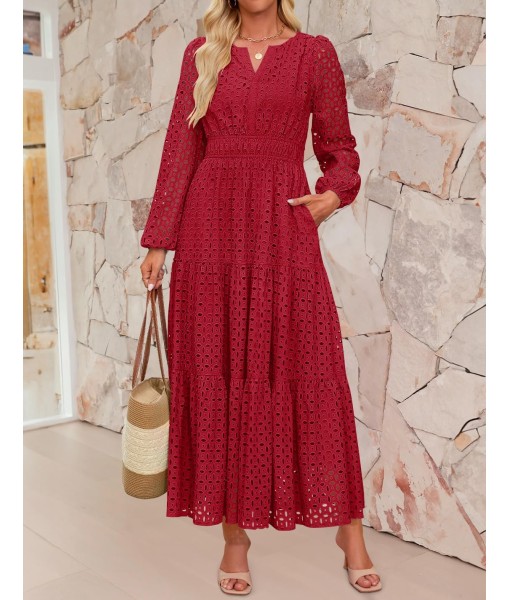 ZESICA Women's 2025 Fall Long Sleeve Maxi Dress V Neck Hollow Out Eyelet A Line Long Flowy Casual Party Dresses