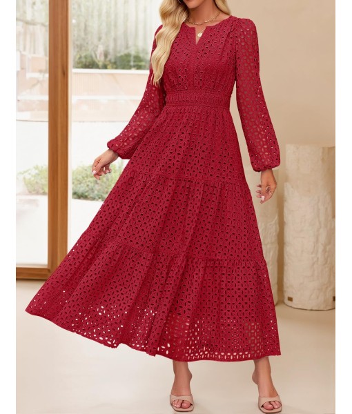 ZESICA Women's 2025 Fall Long Sleeve Maxi Dress V Neck Hollow Out Eyelet A Line Long Flowy Casual Party Dresses