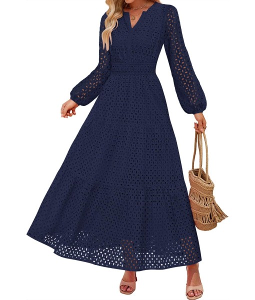 ZESICA Women's 2025 Fall Long Sleeve Maxi Dress V Neck Hollow Out Eyelet A Line Long Flowy Casual Party Dresses