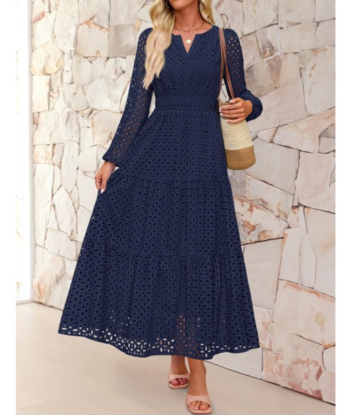 ZESICA Women's 2025 Fall Long Sleeve Maxi Dress V Neck Hollow Out Eyelet A Line Long Flowy Casual Party Dresses