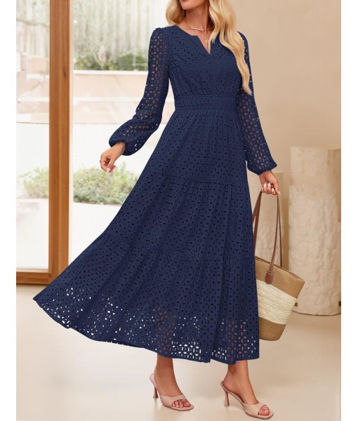 ZESICA Women's 2025 Fall Long Sleeve Maxi Dress V Neck Hollow Out Eyelet A Line Long Flowy Casual Party Dresses