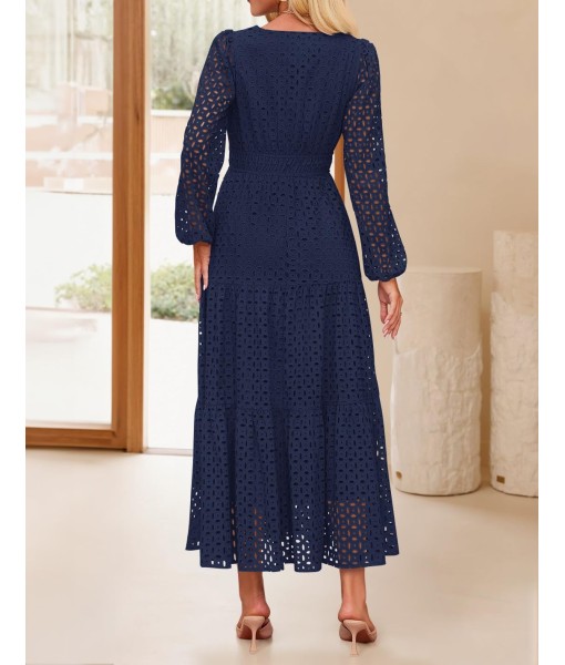 ZESICA Women's 2025 Fall Long Sleeve Maxi Dress V Neck Hollow Out Eyelet A Line Long Flowy Casual Party Dresses