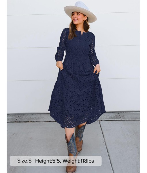 ZESICA Women's 2025 Fall Long Sleeve Maxi Dress V Neck Hollow Out Eyelet A Line Long Flowy Casual Party Dresses
