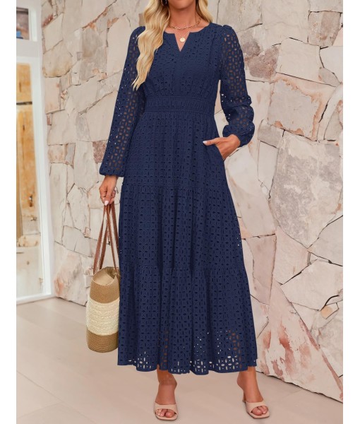 ZESICA Women's 2025 Fall Long Sleeve Maxi Dress V Neck Hollow Out Eyelet A Line Long Flowy Casual Party Dresses