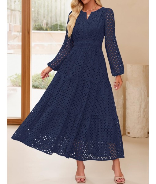 ZESICA Women's 2025 Fall Long Sleeve Maxi Dress V Neck Hollow Out Eyelet A Line Long Flowy Casual Party Dresses