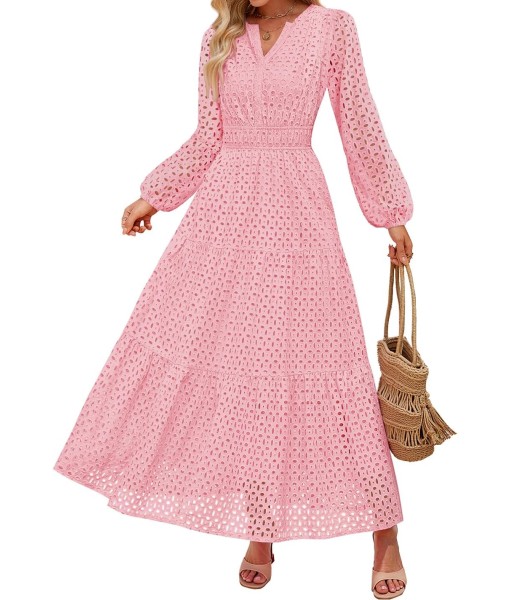 ZESICA Women's 2025 Fall Long Sleeve Maxi Dress V Neck Hollow Out Eyelet A Line Long Flowy Casual Party Dresses