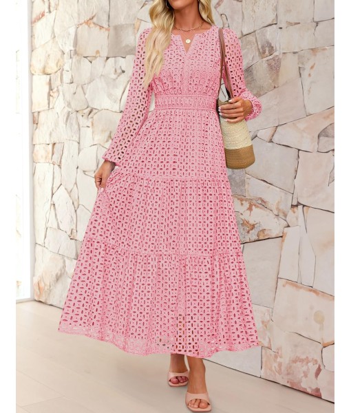ZESICA Women's 2025 Fall Long Sleeve Maxi Dress V Neck Hollow Out Eyelet A Line Long Flowy Casual Party Dresses