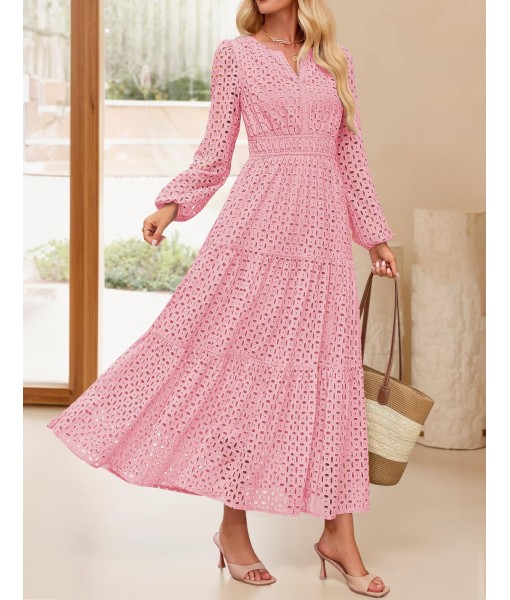 ZESICA Women's 2025 Fall Long Sleeve Maxi Dress V Neck Hollow Out Eyelet A Line Long Flowy Casual Party Dresses