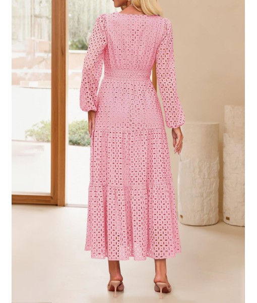 ZESICA Women's 2025 Fall Long Sleeve Maxi Dress V Neck Hollow Out Eyelet A Line Long Flowy Casual Party Dresses