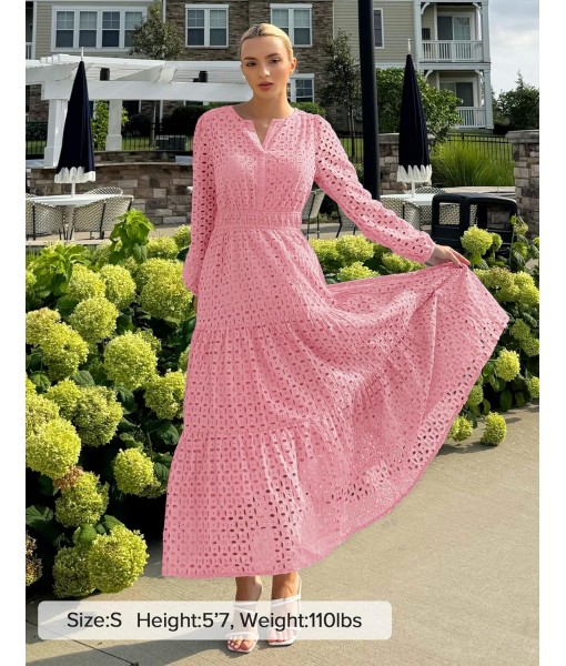 ZESICA Women's 2025 Fall Long Sleeve Maxi Dress V Neck Hollow Out Eyelet A Line Long Flowy Casual Party Dresses