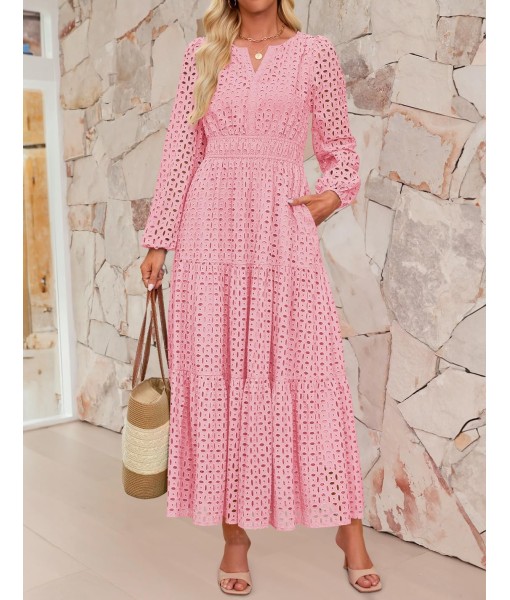 ZESICA Women's 2025 Fall Long Sleeve Maxi Dress V Neck Hollow Out Eyelet A Line Long Flowy Casual Party Dresses