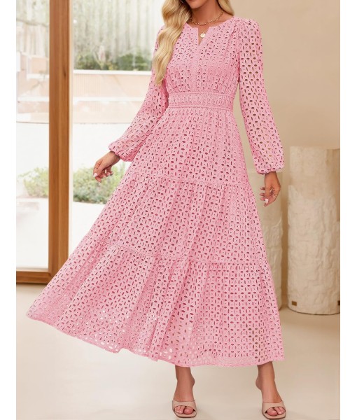 ZESICA Women's 2025 Fall Long Sleeve Maxi Dress V Neck Hollow Out Eyelet A Line Long Flowy Casual Party Dresses