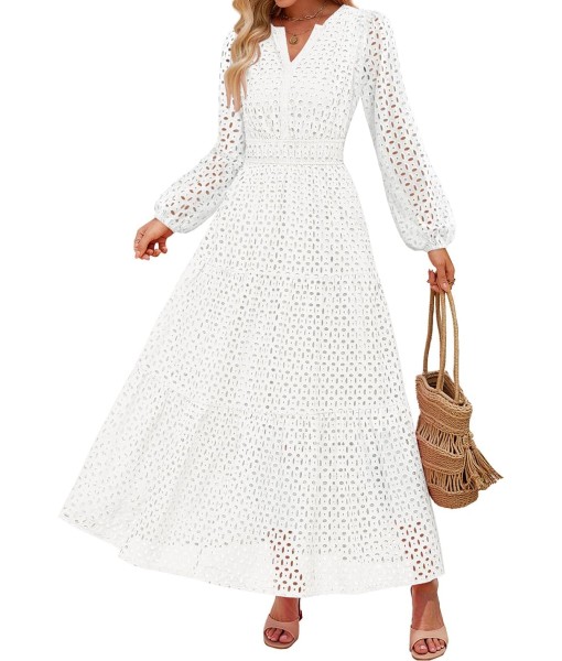 ZESICA Women's 2025 Fall Long Sleeve Maxi Dress V Neck Hollow Out Eyelet A Line Long Flowy Casual Party Dresses