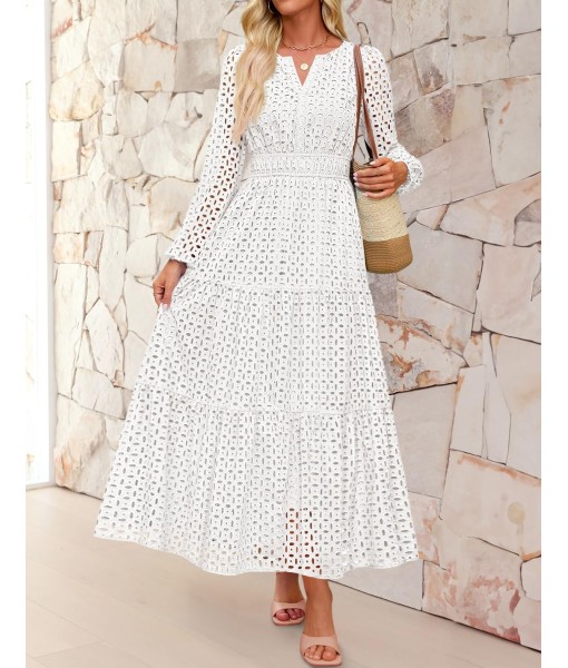 ZESICA Women's 2025 Fall Long Sleeve Maxi Dress V Neck Hollow Out Eyelet A Line Long Flowy Casual Party Dresses