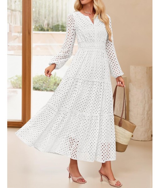 ZESICA Women's 2025 Fall Long Sleeve Maxi Dress V Neck Hollow Out Eyelet A Line Long Flowy Casual Party Dresses