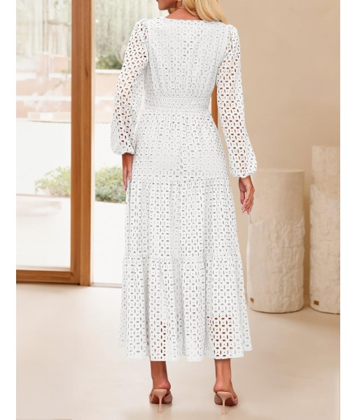 ZESICA Women's 2025 Fall Long Sleeve Maxi Dress V Neck Hollow Out Eyelet A Line Long Flowy Casual Party Dresses