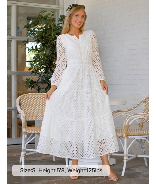 ZESICA Women's 2025 Fall Long Sleeve Maxi Dress V Neck Hollow Out Eyelet A Line Long Flowy Casual Party Dresses